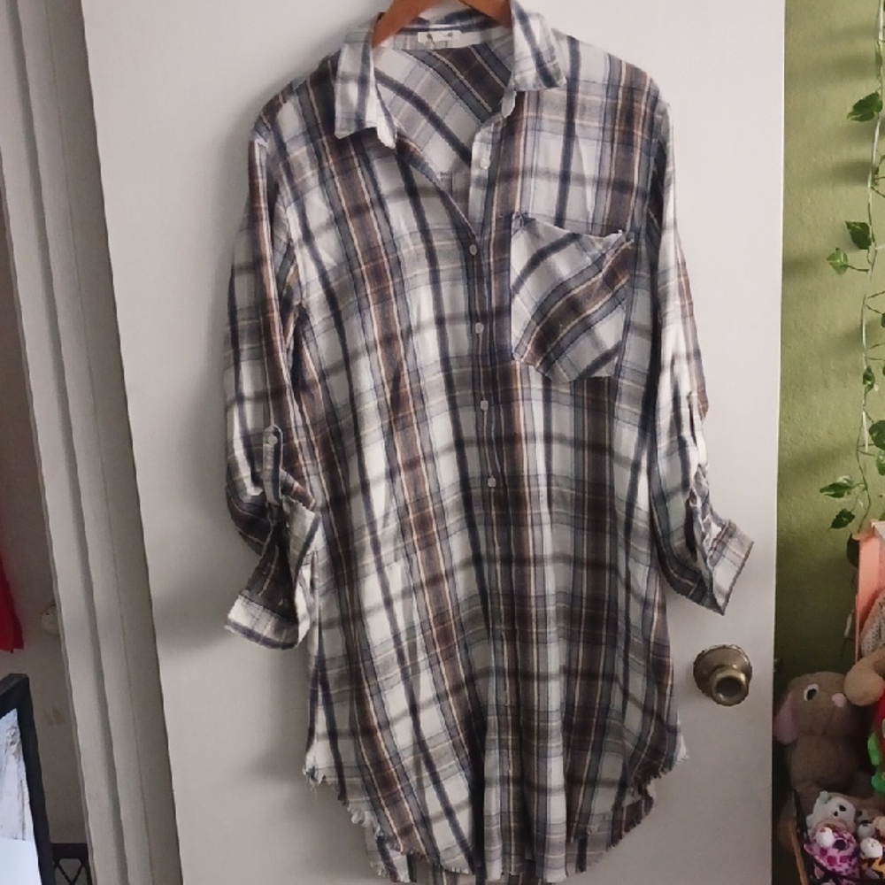 Plaid Button-Up Shirt Long FLANNEL DUSTER